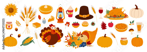 A colorful image of a Thanksgiving table with various foods and decorations. The table is filled with pies, apples, corn, and other fall foods. There is a pumpkin, a turkey, and a lantern on the table