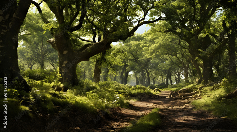 A serene forest path leads into the depths of a lush, green forest, flanked by towering trees with dense foliage creating a peaceful and natural environment. A serene forest path leads into the depths of a lush, green forest, flanked by towering trees with dense foliage creating a peaceful and natural environment.