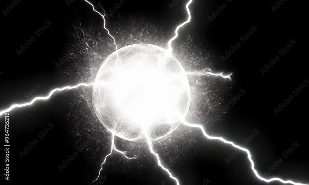 Spherical white neon energy or plasma ball with bright electric lightning streams and glowing effects on black background, VFX