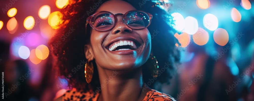 A joyful woman with glasses smiles brightly in a vibrant setting, showcasing happiness and celebration with colorful lights around her. A joyful woman with glasses smiles brightly in a vibrant setting, showcasing happiness and celebration with colorful lights around her.