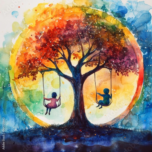 Swinging Under the Rainbow Moon: Two children, silhouetted against a vibrant watercolor moon, swing beneath a tree on a whimsical and enchanting night. The artwork evokes a sense of childhood wonder a