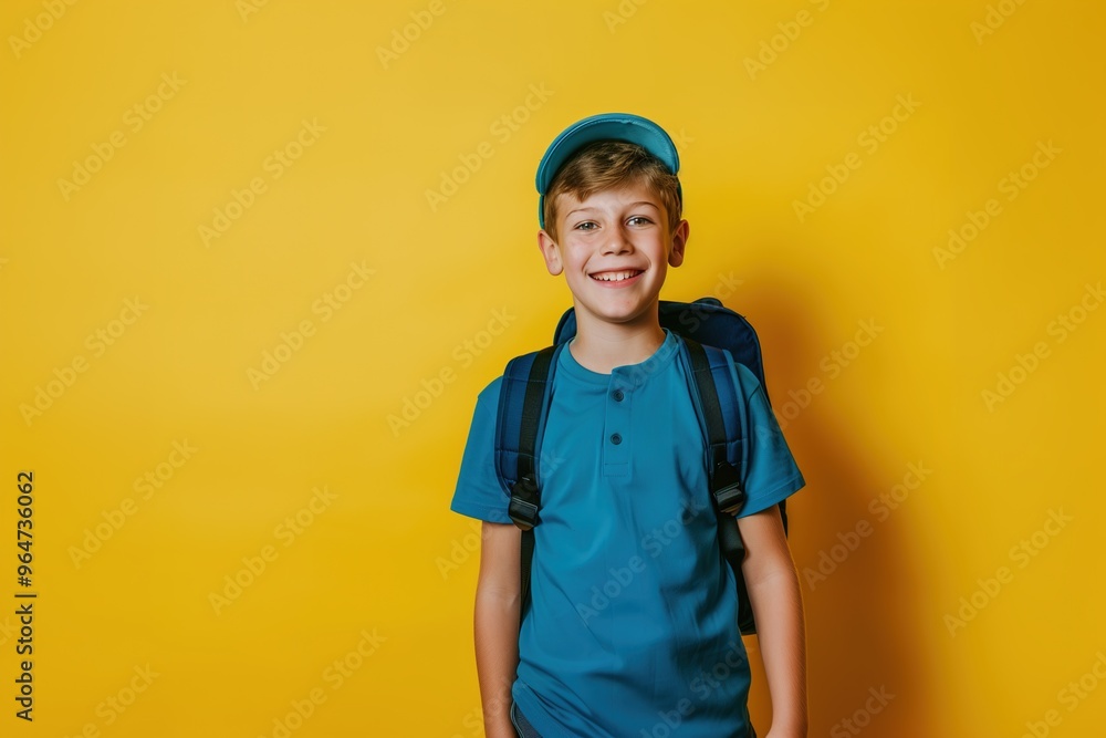 Portrait of smiling schoolboy with school bag isolated on light yellow background Portrait of smiling schoolboy with school bag isolated on light yellow background