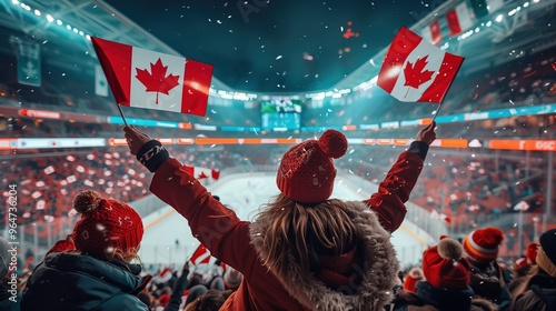 Fans wave Canadian flags enthusiastically at a hockey game