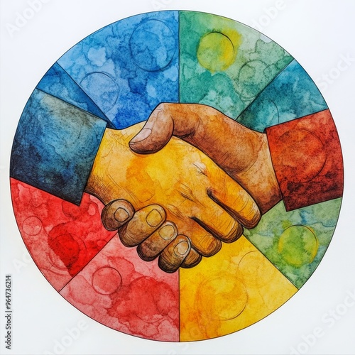 Handshake of Unity: A vibrant watercolor illustration of two hands shaking, symbolizing unity, collaboration, and partnership.  The handshake is set against a colorful circular background, representin photo