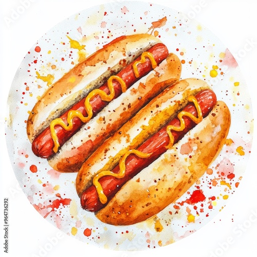 Hot Dog Delight: Two juicy hot dogs, perfectly grilled and topped with a generous drizzle of yellow mustard, sit invitingly on a white plate, their golden glow and tempting aroma captured in a vibrant photo