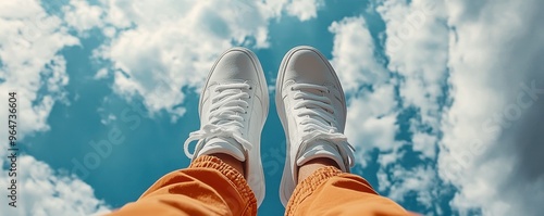 A pair of white sneakers against a clear blue sky, evoking a sense of freedom and adventure.