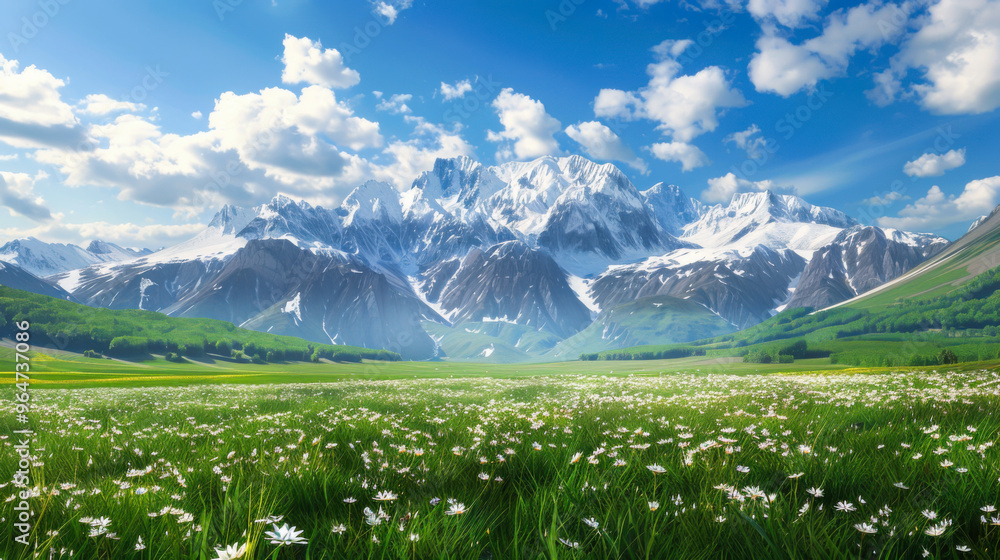 Obraz premium Natural landscape. Snow-capped mountains and green meadows on a sunny spring day.