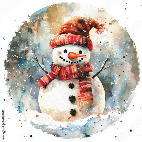 Winter Wonderland Snowman: A whimsical watercolor illustration of a cheerful snowman, wearing a cozy red and white striped scarf and hat, standing proudly amidst falling snowflakes. He's the perfect s