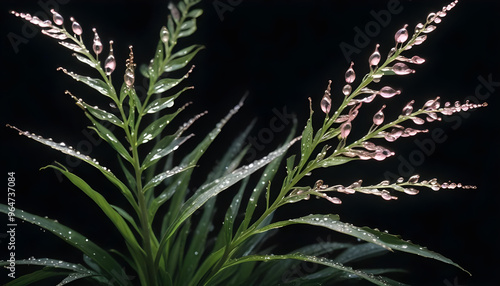 Green plant with water droplets on the leaves, against a dark background