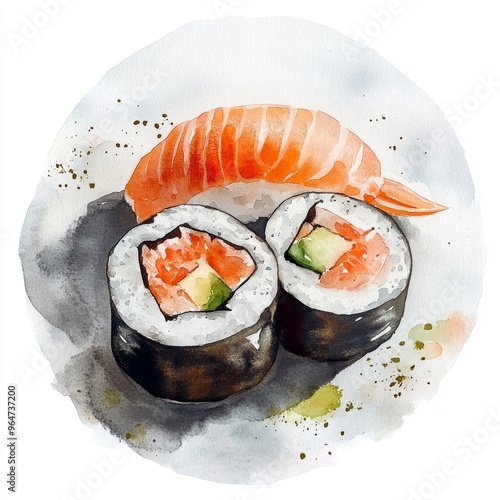 Watercolor Sushi Delight: A vibrant watercolor illustration of salmon avocado sushi on a black slate plate. The artistic detail captures the fresh flavors and textures of this popular Japanese delicac photo