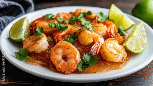 Delicious shrimp dish served with fresh lime wedges and garnished with cilantro for a vibrant look and flavor. photo