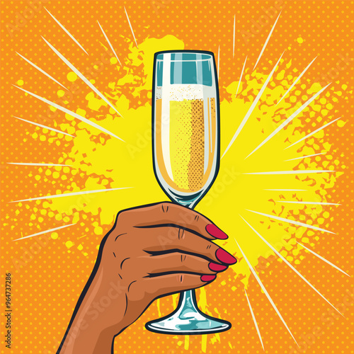 African american girls hand holding a glass of champagne. Fast food vector illustration in pop art retro comic style