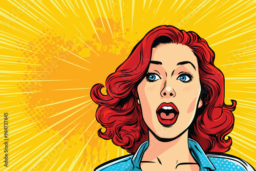 Shocked, surprised caucasian young girl. Unbelievable news, big sale concept in pop art retro comic style