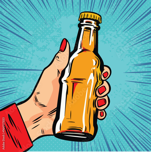Glass bottle with drink in female hand. Fast food vector illustration in pop art retro comic style