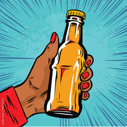 Glass bottle with drink in african american female hand. Fast food vector illustration in pop art retro comic style