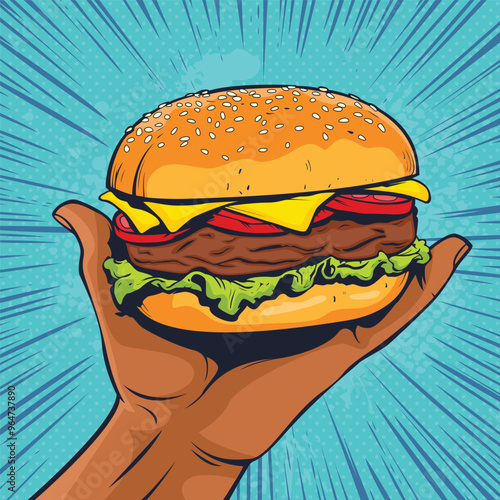 Burger on african american male hand. Fast food vector illustration in pop art retro comic style
