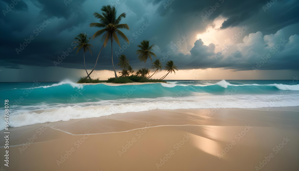Fototapeta premium A tropical beach with palm trees, clear blue sky, and calm turquoise waters lapping at the golden sand
