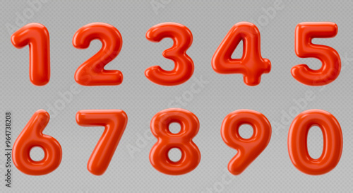 Red numbers from 0 to 9. Collection of voluminous inflated numbers from balloon. Set of bright bubble spherical figures. Realistic 3d design. vector illustration