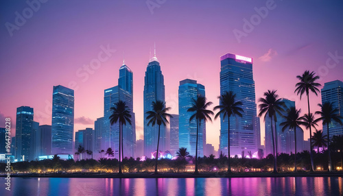 A tropical city skyline at sunset, with palm trees in the foreground and tall skyscrapers in the background. The sky is a vibrant mix of pink, purple. photo