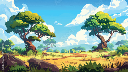 Savannah Landscape Cartoon Environment Illustration African Plains Wildlife Habitat Open Grasslands Baobab Trees Scenic View