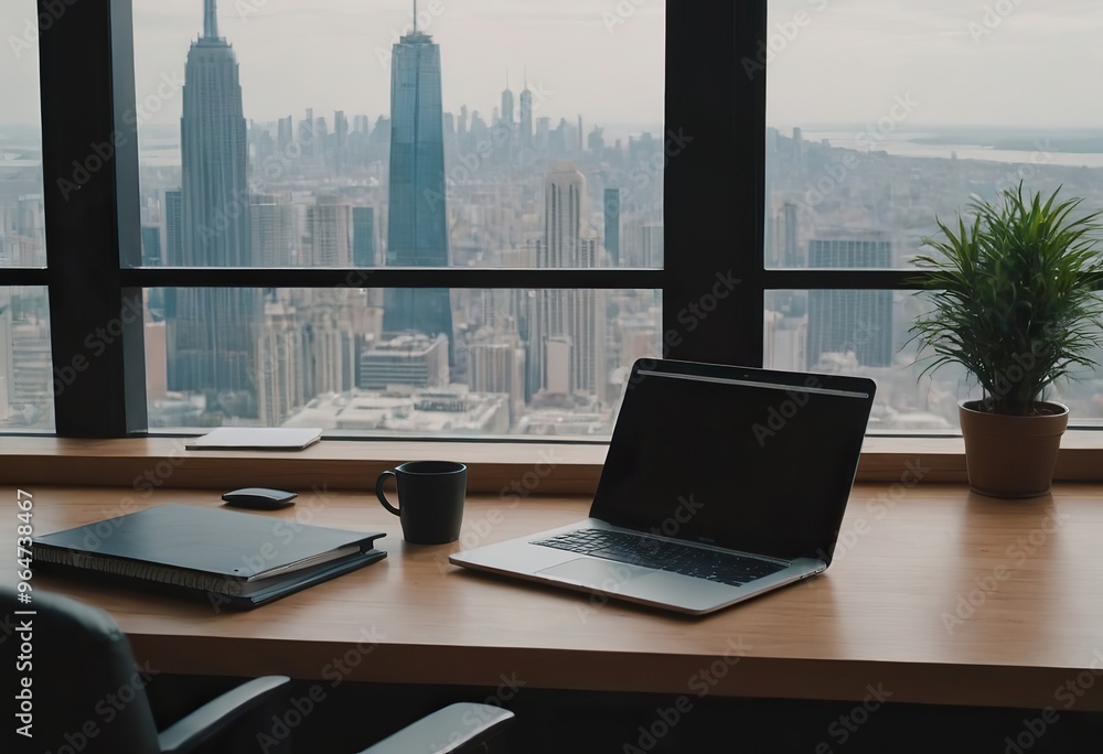Blank white laptop screen on glassy table in modern office with night megapolis city view, mock up Blank white laptop screen on glassy table in modern office with night megapolis city view, mock up
