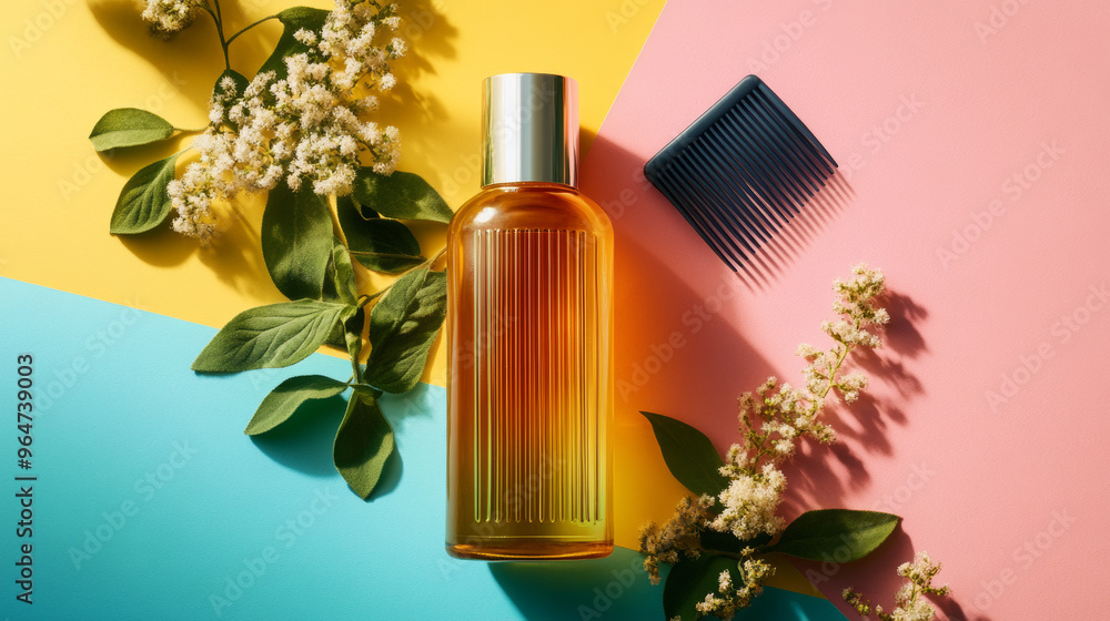 A bottle of herbal shampoo with a comb, shown from above on a colorful surface. A bottle of herbal shampoo with a comb, shown from above on a colorful surface.