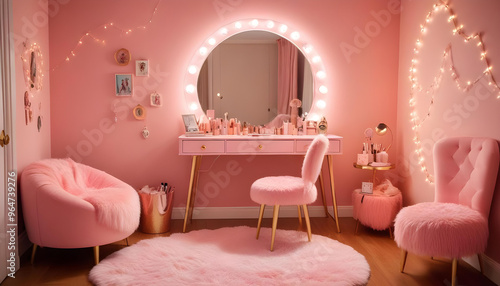 A pink vanity with a round mirror, makeup products, and a pink upholstered chair in a cozy, feminine bedroom setting photo