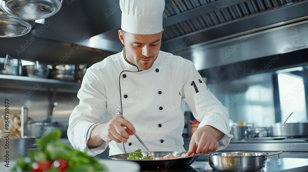 Man in White Chef's Uniform: A man in a white chef's uniform, preparing a dish in a professional kitchen.

