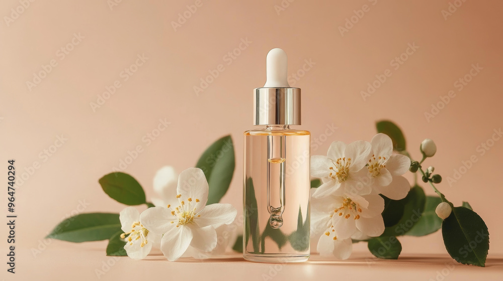 A clear glass bottle filled with serum, a dropper, and a lovely flower on a light brown background. It's all about natural and organic spa products. A clear glass bottle filled with serum, a dropper, and a lovely flower on a light brown background. It's all about natural and organic spa products.