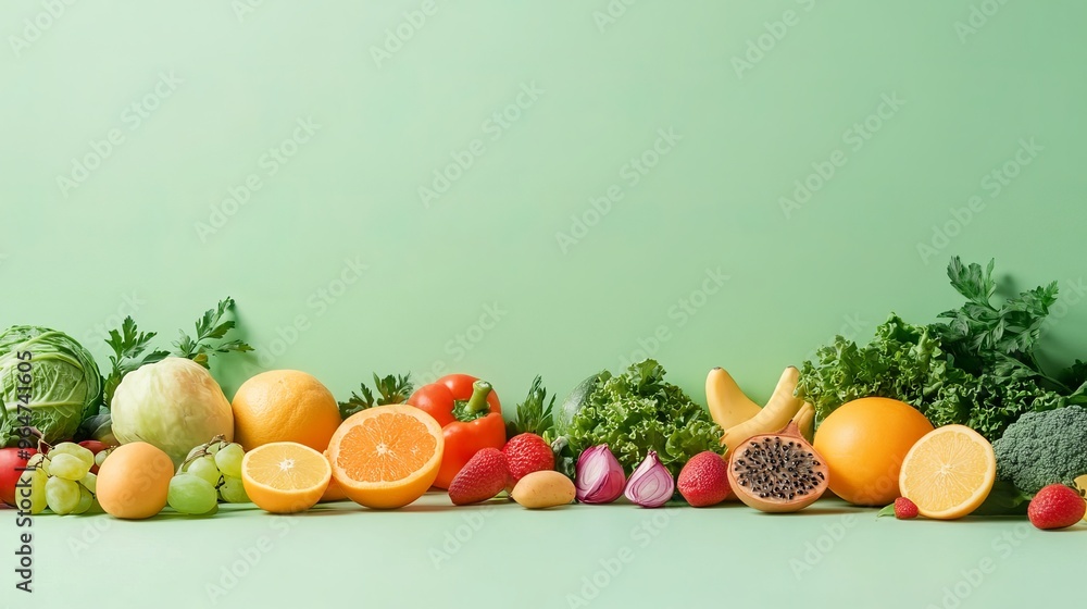 A light green background with a tilted view shows fresh fruits and vegetables scattered on a countertop. There's an empty area perfect for showcasing a product. A light green background with a tilted view shows fresh fruits and vegetables scattered on a countertop. There's an empty area perfect for showcasing a product.
