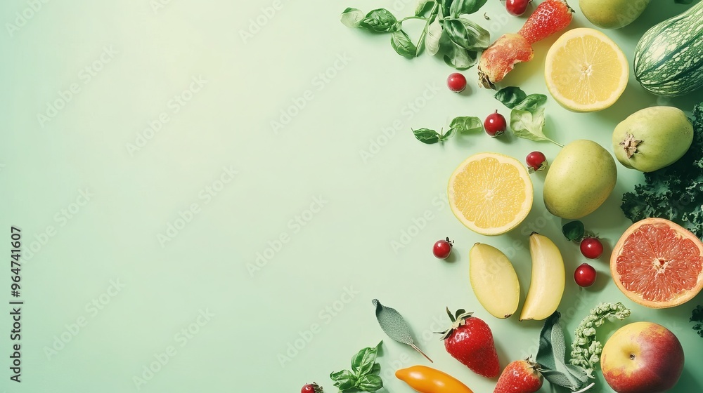 A light green background with a tilted view shows fresh fruits and vegetables scattered on a countertop. There's an empty area perfect for showcasing a product. A light green background with a tilted view shows fresh fruits and vegetables scattered on a countertop. There's an empty area perfect for showcasing a product.