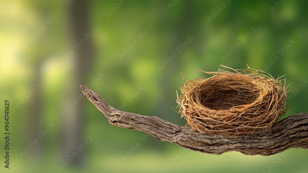 A serene bird's nest resting on a tree branch, set against a soft-focus green background, symbolizing nature and tranquility. A serene bird's nest resting on a tree branch, set against a soft-focus green background, symbolizing nature and tranquility.