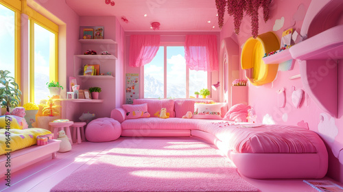A computer-generated picture showing a pink room for kids with a couch.