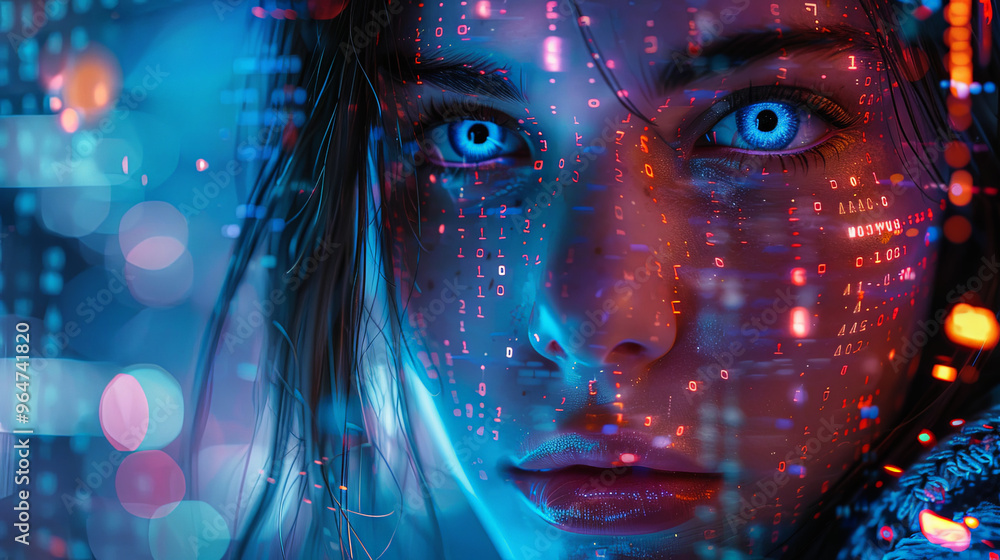 Portrait of a woman bathed in neon lights, soft reflections of blue, purple, and gold illuminating her face, abstract reflections dancing over her features, futuristic vibes Portrait of a woman bathed in neon lights, soft reflections of blue, purple, and gold illuminating her face, abstract reflections dancing over her features, futuristic vibes