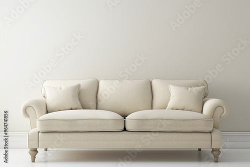 Beautiful expensive beige sofa against a pristine white wall in an empty room. Perfect lighting accentuates the luxurious texture and elegant design