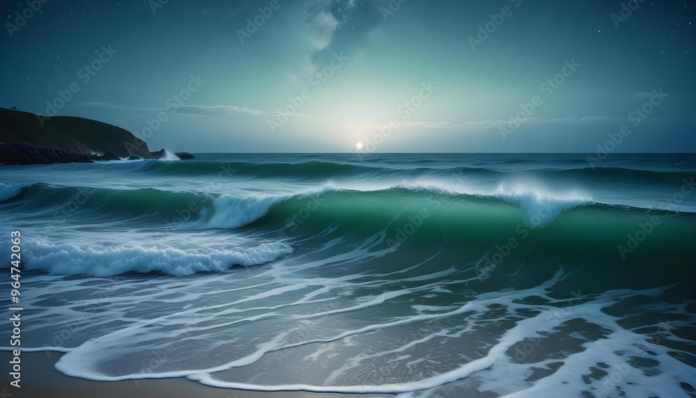 Naklejka premium Crashing ocean waves with shimmering light reflections, a serene and calming seascape