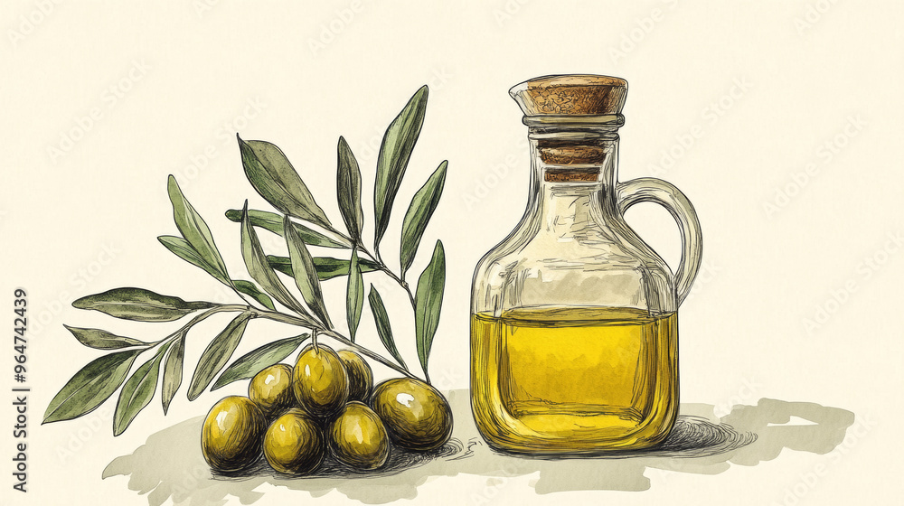A drawing of a bottle and jar filled with olive oil, next to a branch with olives on it. A drawing of a bottle and jar filled with olive oil, next to a branch with olives on it.