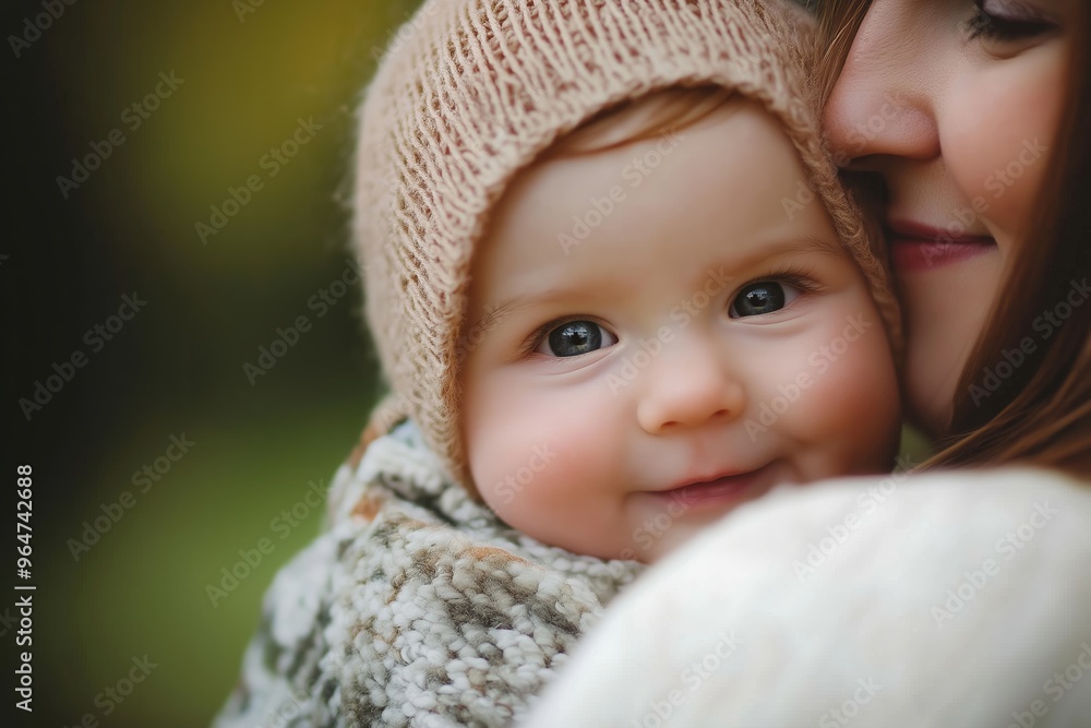 A heartwarming moment of a baby in winter clothes, smiling warmly while close to the mother's comforting embrace. A heartwarming moment of a baby in winter clothes, smiling warmly while close to the mother's comforting embrace.