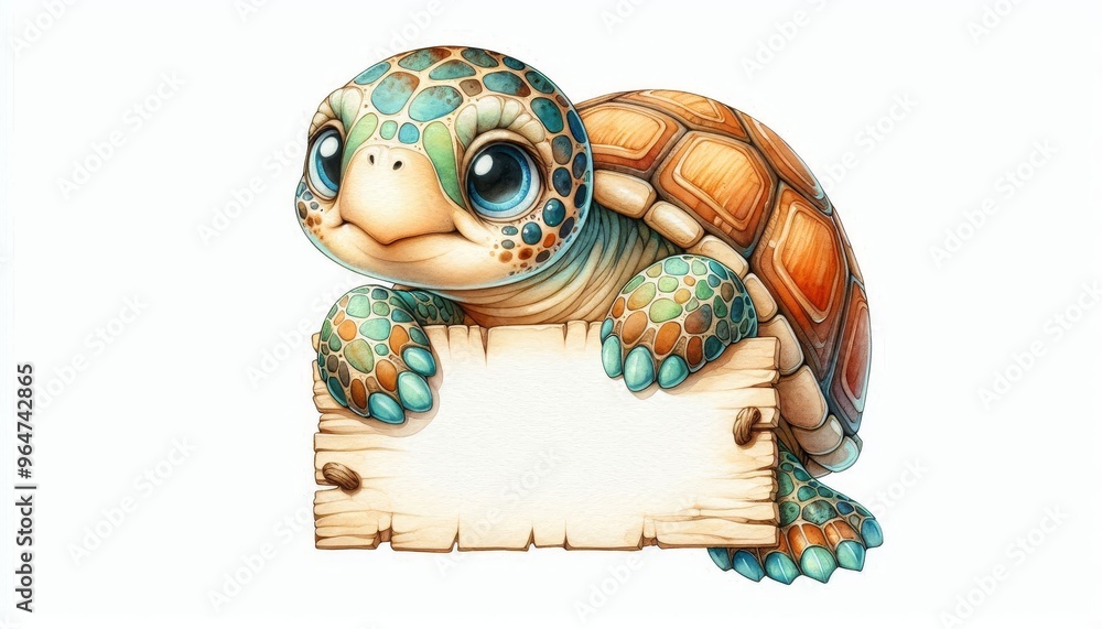 Fototapeta premium A charming watercolor illustration of a sweet turtle peeking out from its shell and holding a blank sign. The turtle's big eyes and gentle expression convey a sense of innocence and wonder. The sign p