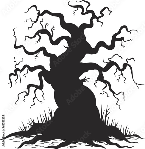 A spooky silhouette drawing of a gnarled, twisted tree