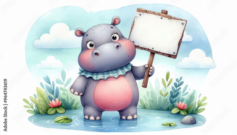 Obraz premium A whimsical watercolor illustration of a friendly hippopotamus standing in a pond. The hippo is holding a blank sign, perfect for adding your own message. This illustration is full of charm and perfec