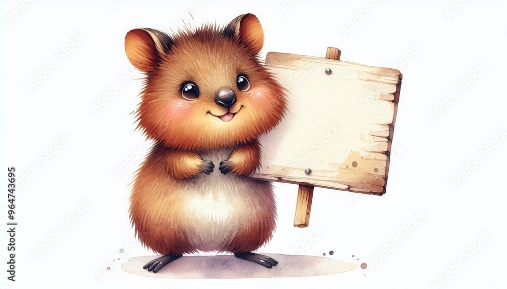 A charming watercolor illustration of a quokka holding a blank sign ...