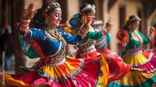 Nepalese Traditional Dance: A group of women in vibrant traditional attire performing a cultural dance, with swirling skirts and expressive hand movements.
