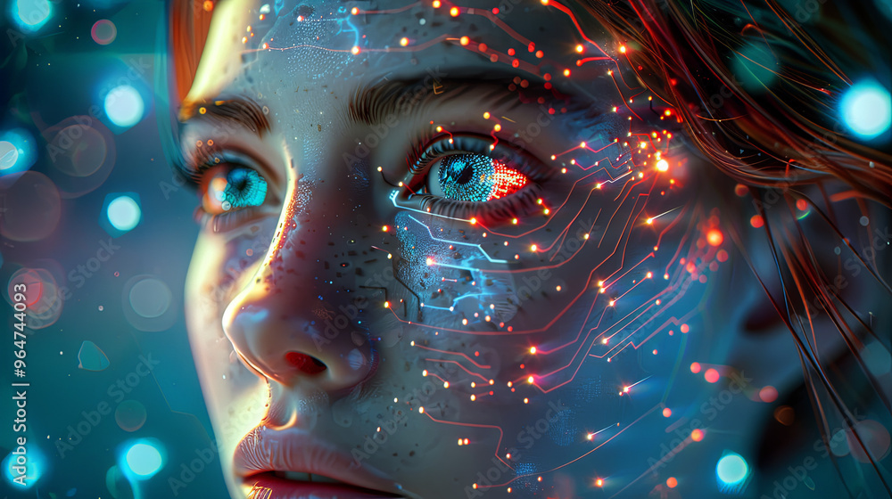 Detailed cyberpunk portrait of a woman, glowing light trails cascading over her face, intricate reflections of blue and gold, shimmering textures across her skin, high-tech feel Detailed cyberpunk portrait of a woman, glowing light trails cascading over her face, intricate reflections of blue and gold, shimmering textures across her skin, high-tech feel