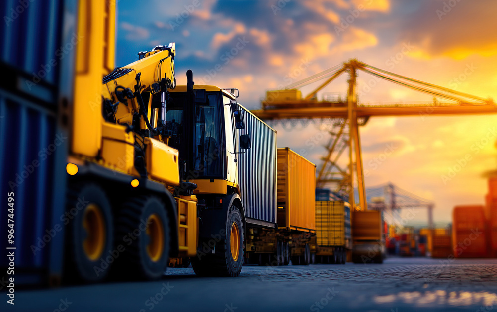 Industrial scene with a yellow truck and cargo containers at sunset, highlighting transportation and logistics operations. Industrial scene with a yellow truck and cargo containers at sunset, highlighting transportation and logistics operations.