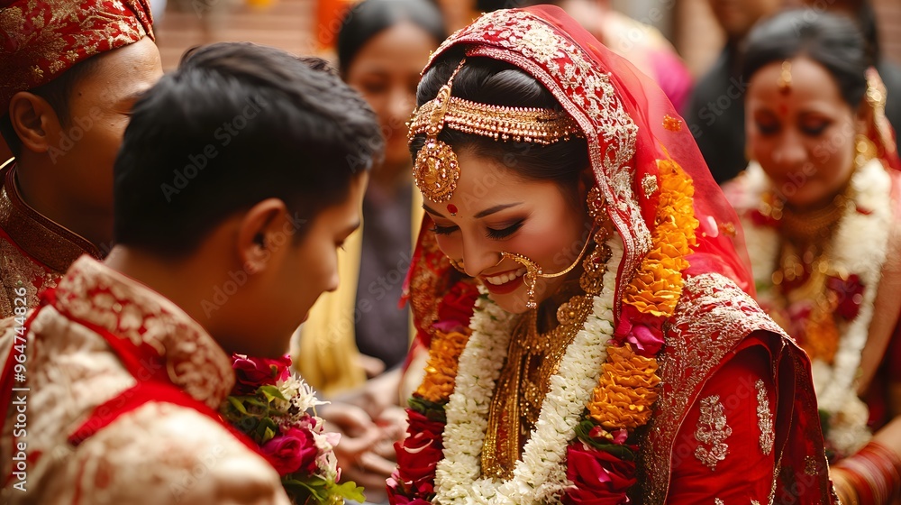 Traditional Nepalese Wedding Ceremony: A traditional wedding ceremony in Nepal, with the bride and groom in elaborate red and gold attire, surrounded by family and friends.
Traditional Nepalese Wedding Ceremony: A traditional wedding ceremony in Nepal, with the bride and groom in elaborate red and gold attire, surrounded by family and friends.