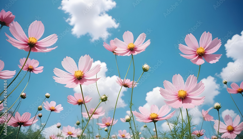 Fototapeta premium Pink and white cosmos flowers against a blue sky with clouds