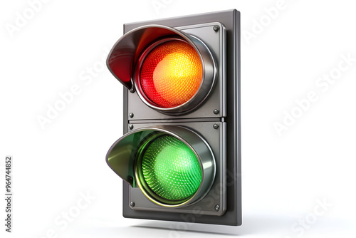 "Traffic light with transparent glass and reflections, isolated on a white background"