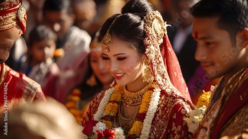 Traditional Nepalese Wedding Ceremony: A traditional wedding ceremony in Nepal, with the bride and groom in elaborate red and gold attire, surrounded by family and friends.
