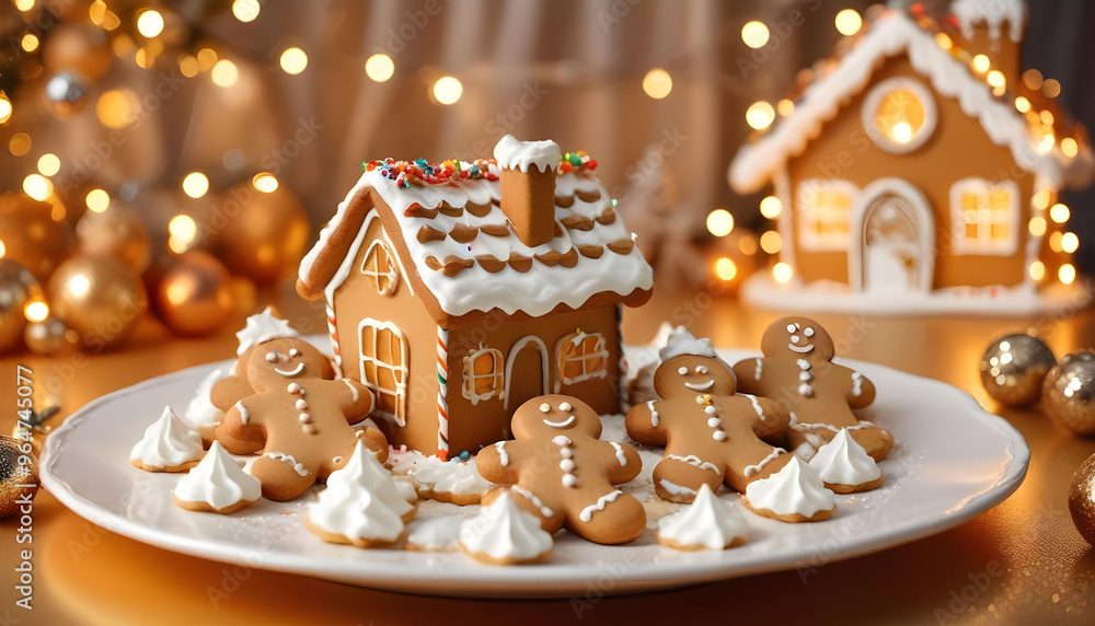 Plate of Christmas cookies with whipped cream topping, surrounded by holiday lights and decorations Plate of Christmas cookies with whipped cream topping, surrounded by holiday lights and decorations